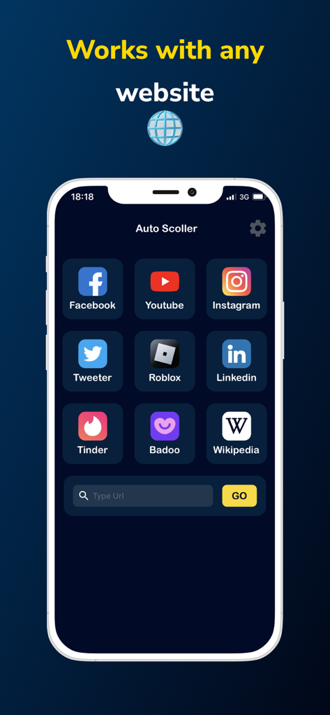 Auto Clicker:Automatic Tap App - Interface of the Auto Clicker app displaying a grid of compatible social media and gaming platforms for automatic scrolling