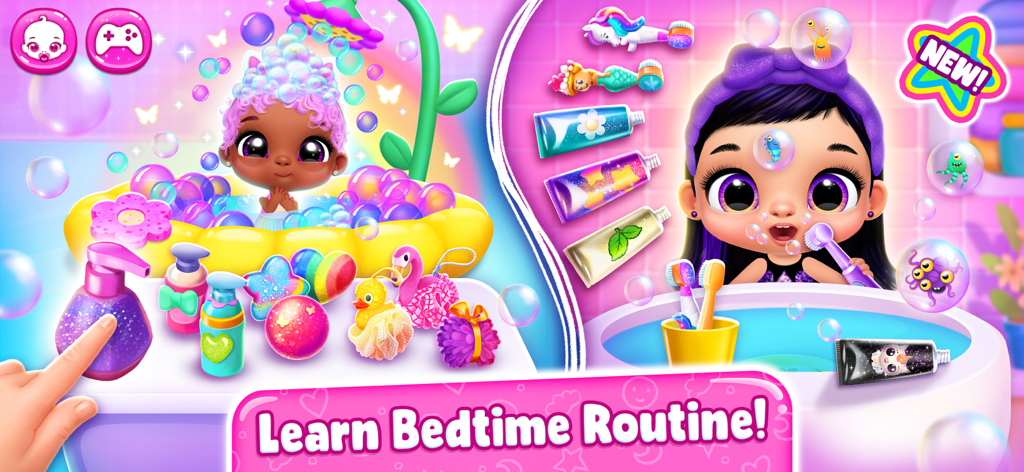 Giggle Babies - Toddler Care - A split screen showing a toddler taking a bubble bath and another brushing teeth with the text Learn Bedtime Routine