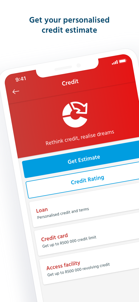 Capitec Bank - Interface de l'application Capitec Bank montrant une estimation de crédit personnalisée et des options de prêt