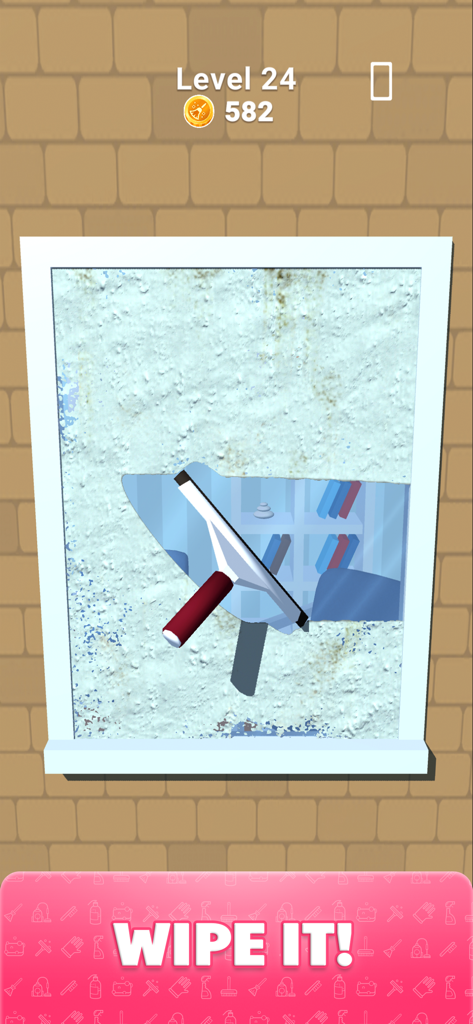 Una escobilla limpiando gruesa suciedad de una ventana en el juego Deep Clean Inc 3D