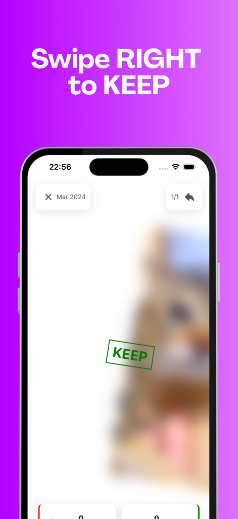 GlidePic app screenshot demonstrating the swipe right to keep photos feature