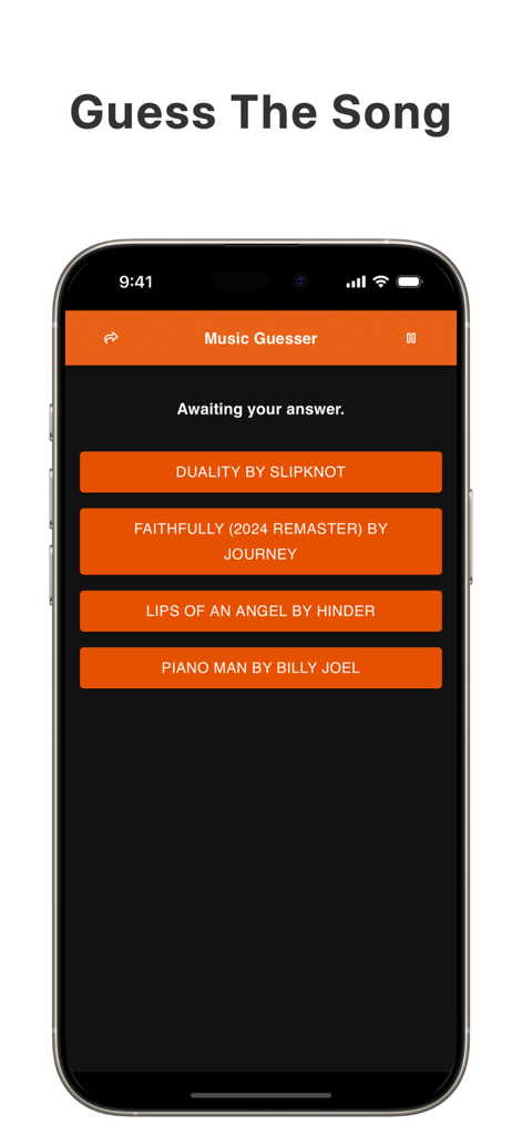 Smartphone screen showing the Music Guesser app with four multiple-choice song titles for players to choose from.