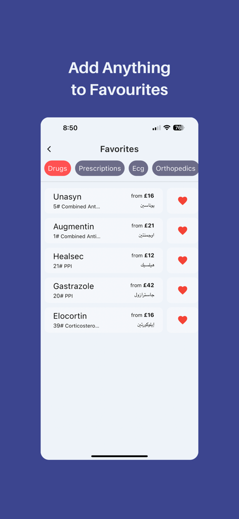 Medinfo: Medical Information - Medinfo app favorites screen showing a list of medical drugs and categories