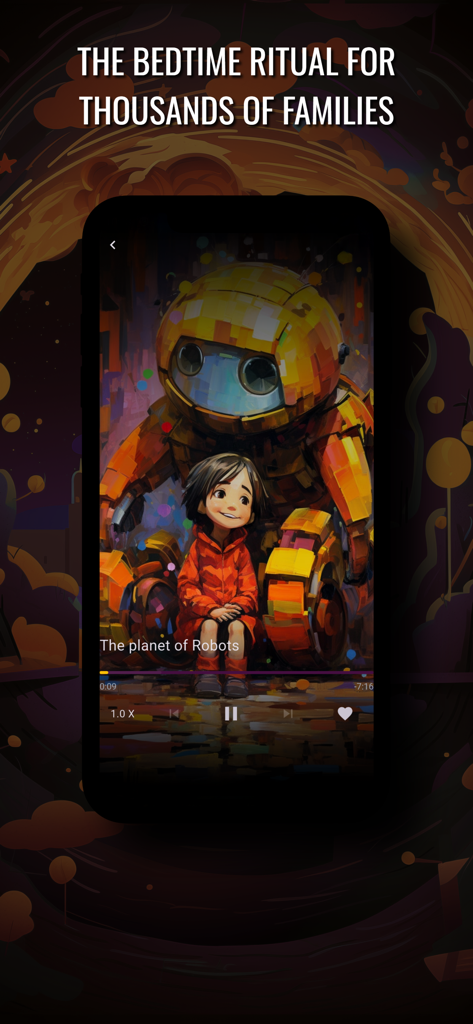 Dreamsy: Bedtime Stories Kids - Dreamsy app interface showing a bedtime story for children titled The planet of Robots