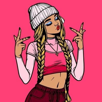 realistic teenage girl with braids and a beanie and crop top doing 🫶🏼