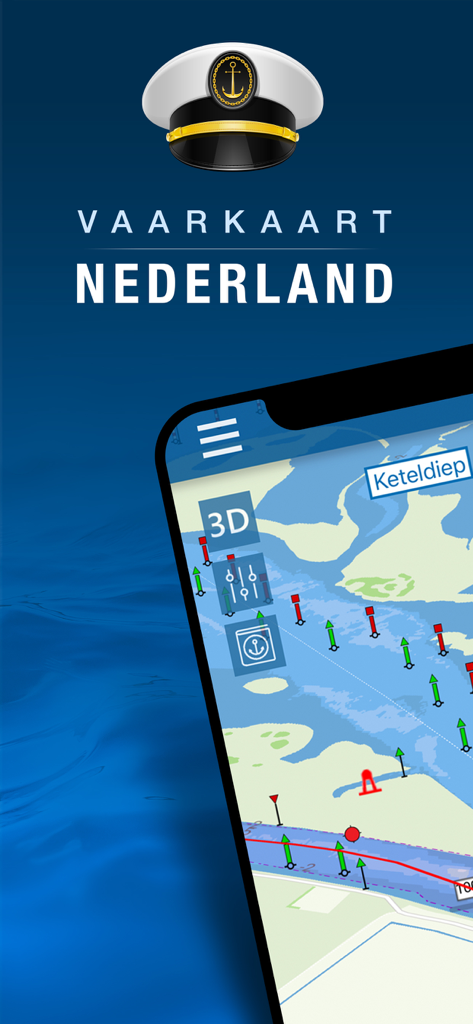 Vaarkaart Nederland - Vaarkaart Nederland App-Oberfläche zeigt eine detaillierte maritime Navigationskarte des Keteldiep-Gebiets auf einem Smartphone