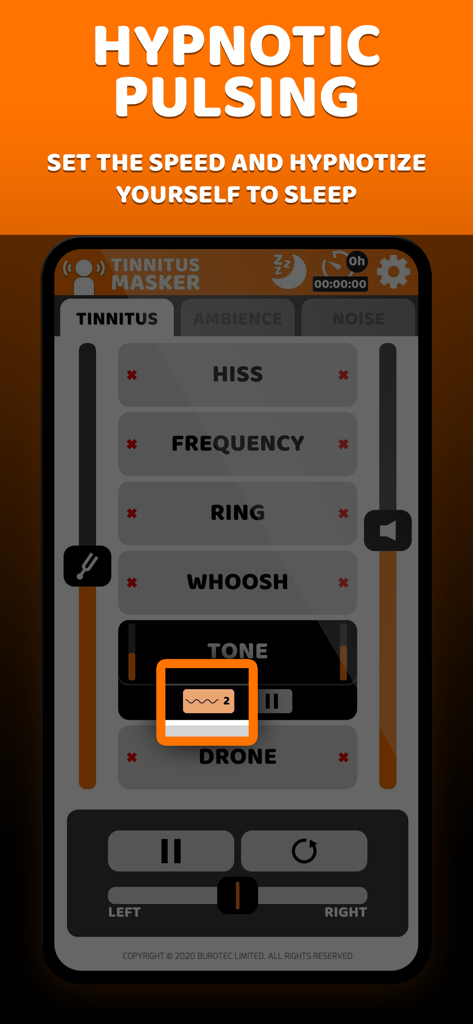 ™Tinnitus Relief Sound Masking - Tinnitus Relief app screen showing hypnotic pulsing sound settings and ear balance controls for sleep