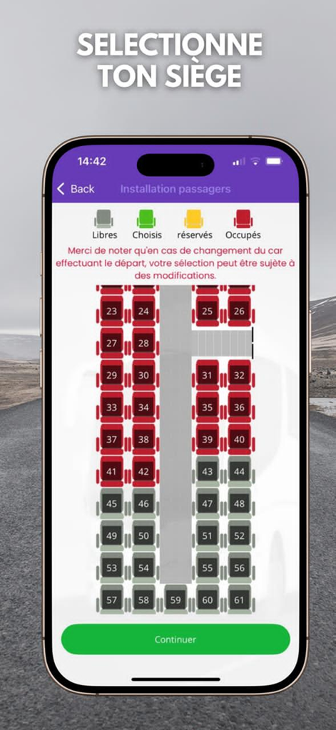 UTB Ticket - Mobile app interface showing a bus floor plan for selecting seats on UTB and AHT transport lines