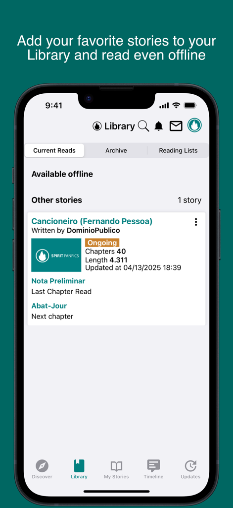 The Spirit Fanfiction app library interface showing a saved story and the option to read content offline.