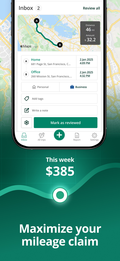Driversnote App-Screenshot, der eine Geschäftsfahrtenliste mit Karten- und Kilometerpauschalbetrag zeigt.