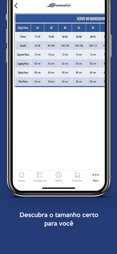 Sawary - A detailed size measurement guide for women's denim styles in the Sawary app.