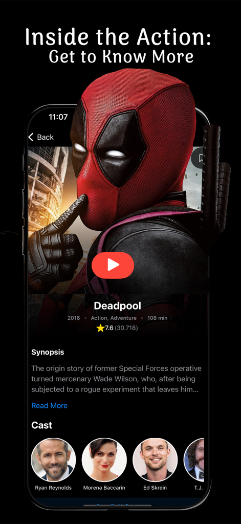 YouCinE Flix, Shows & Stars - Page de détails du film Deadpool dans l'application YouCinE Flix, montrant un synopsis et une liste de casting avec des photos.