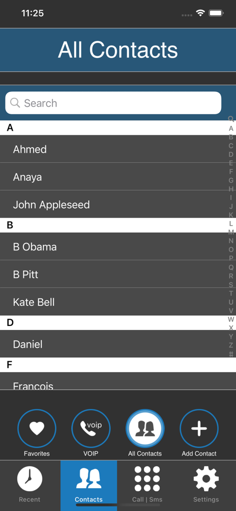 MobileVOIP app contacts list screen showing the searchable directory of international contacts