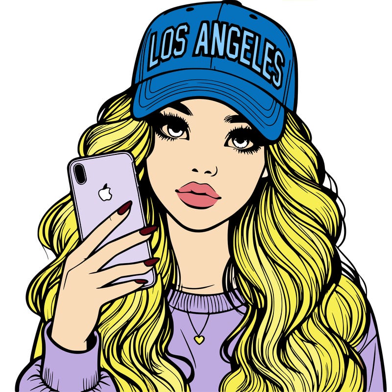 realistic beautiful girl wearing los ángeles cap holding an iphone