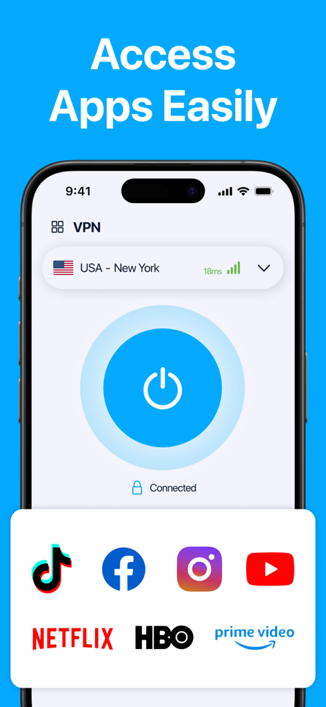 VPN Unlimitedㅤ - Interface of VPN Unlimited app on iPhone showing a connection to a USA server and icons for popular streaming and social media apps