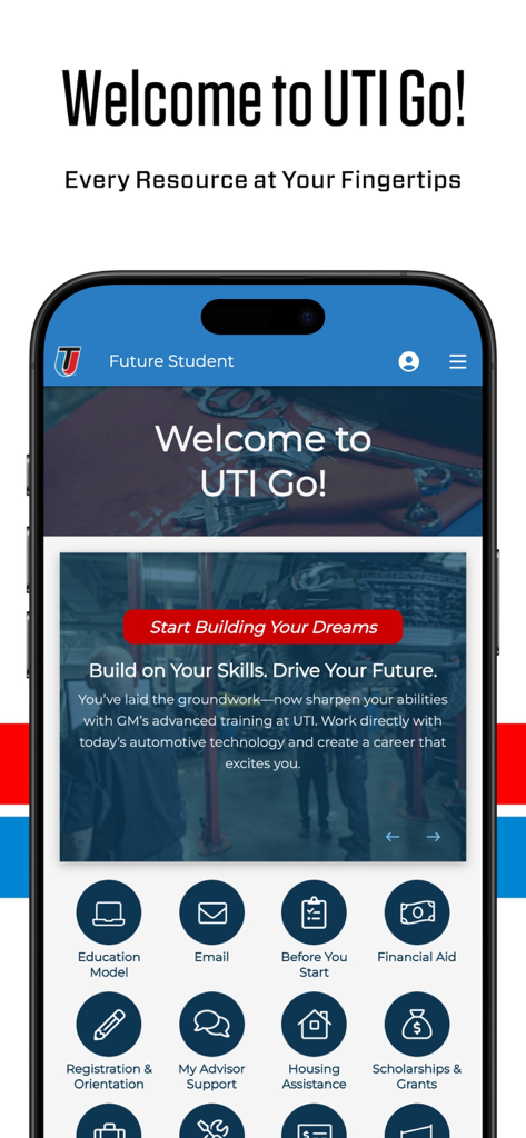UTI Go app welcome screen for students displaying resource icons for financial aid housing and registration