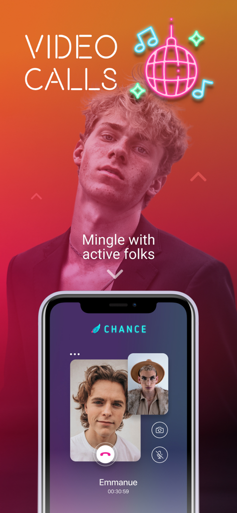 Chance - Gay, Lesbian Dating - Chance gay dating app video call screen showing two users chatting