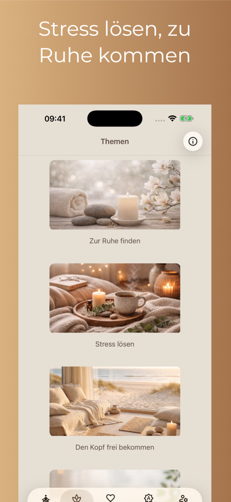 Screenshot of the Entspann dich app showing relaxation categories like stress relief and finding peace
