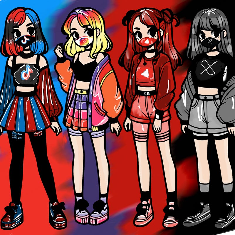 one girl with crop-top shirt and a jacket with a skirt, long socks and another girl with a shirt and pants with a jacket