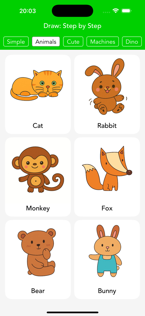 Draw: Step-by-Step Art Guide - Pantalla de selección de categoría de animales en la aplicación Draw, mostrando lindos tutoriales de dibujos animados de un gato, conejo, mono y zorro.