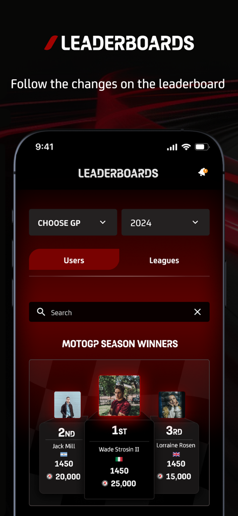 MotoGP™ Guru Predict - MotoGP Guru Predict App Ranglisten-Bildschirm, der die Top-Saisonsieger auf einem Podium zeigt