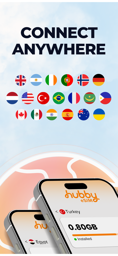 HUBBY eSIM - Pantalla de la aplicación HUBBY eSIM que muestra banderas de países globales y uso de datos móviles para viajeros internacionales