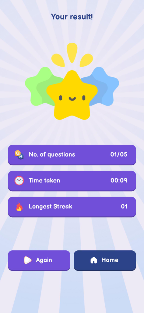 Italian Brainrot Quiz: Sounds - Écran de résultats de l'application Italian Brainrot Quiz montrant le total des questions, le temps passé et les statistiques de la plus longue série.