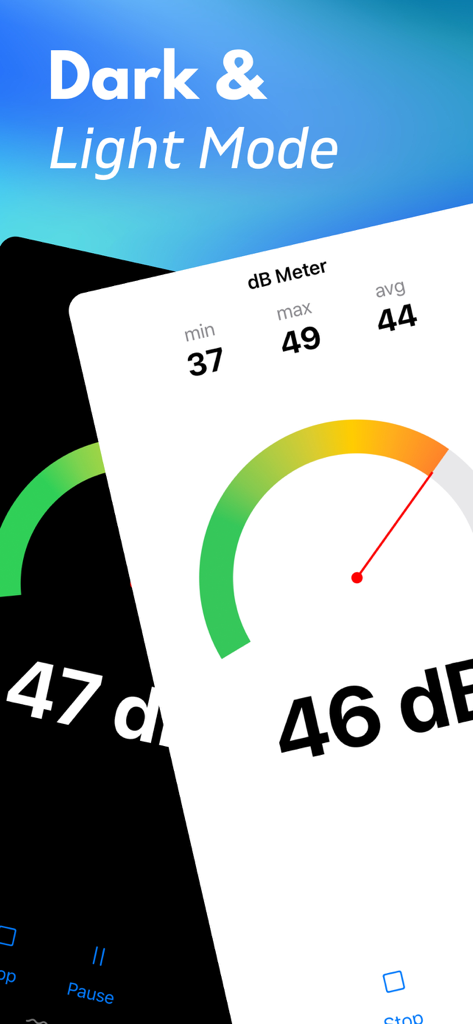 Decibel meter interface showing dark and light mode themes