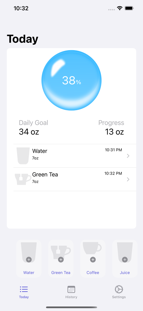 My Water Tracker+  Waterminder - Panel de la aplicación móvil que muestra el 38% de finalización de un objetivo diario de hidratación con bebidas registradas.