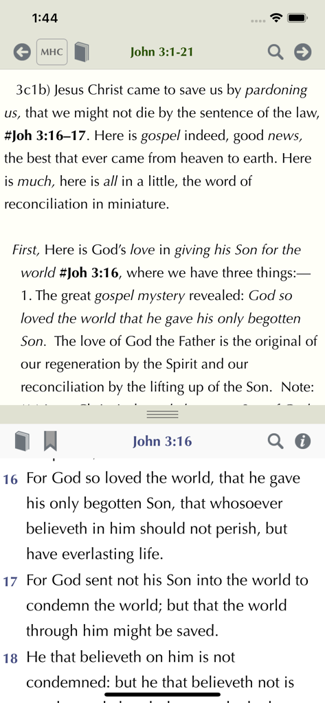 Matthew Henry Study Bible - A split screen view of the Matthew Henry Study Bible app showing commentary and scripture for John 3:16