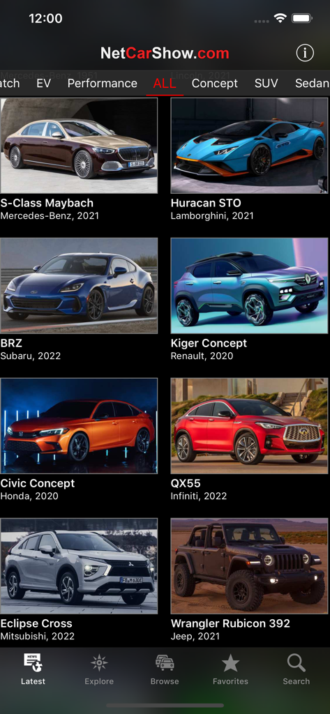 Interfaz de la aplicación NetCarShow que muestra una cuadrícula de diferentes modelos y categorías de coches