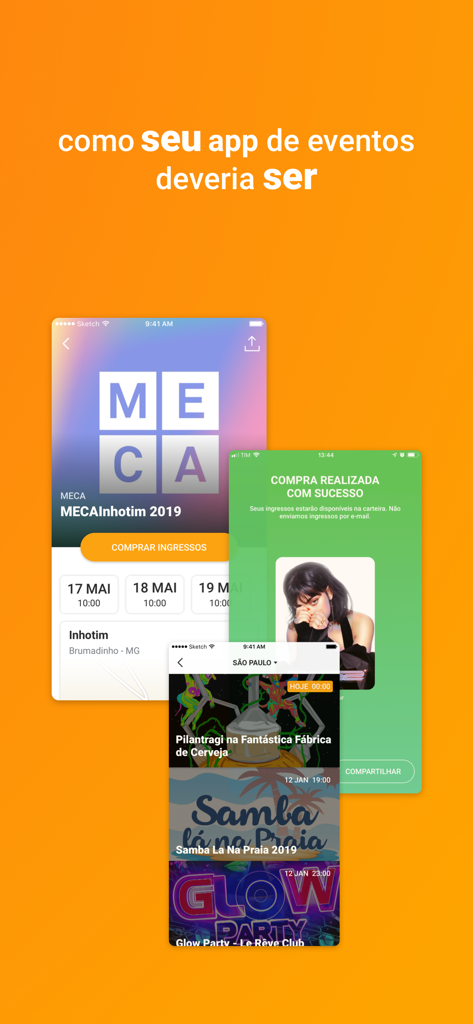 Ingresse - Tickets and Events - Ingresse app screens showing event discovery and purchase confirmation