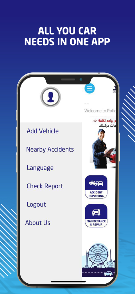 Rafid - El menú de navegación lateral de la aplicación móvil Rafid que muestra servicios automotrices y opciones de cuenta