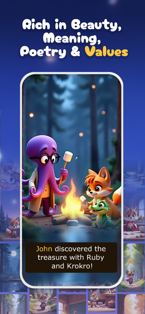 Escena de cuento personalizado de la aplicación Lunesia con personajes animales alrededor de una fogata en el bosque
