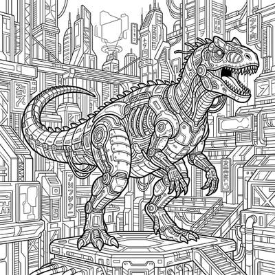 Step into a futuristic primeval world with this stunning Cyberpunk Allosaurus coloring page. This detailed illustration merges a mighty dinosaur with intricate robotic elements against an urban high-tech backdrop, perfect for an epic coloring session.