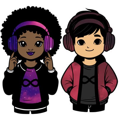 an afroamerican girl with headphones and a boy with headphones, they have an ♾️ symbol on their shirt