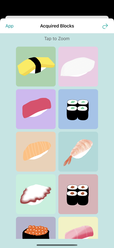 Sushi Falling Blocks - 獲得したブロックコレクションメニューにあるカラフルでかわいい寿司イラストのグリッド