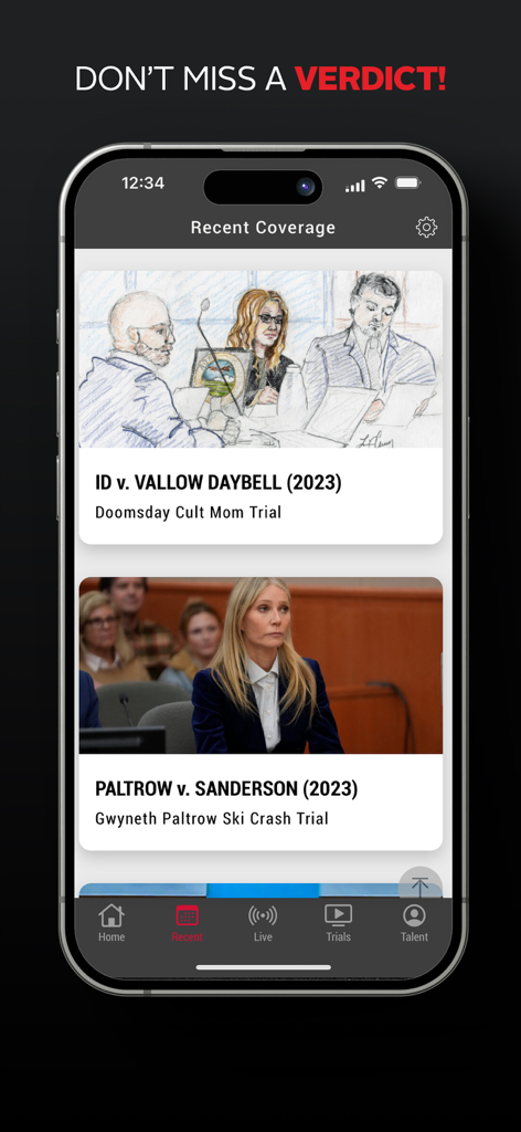 Interface de l'application Court TV montrant la couverture récente de procès comme Vallow Daybell et Gwyneth Paltrow
