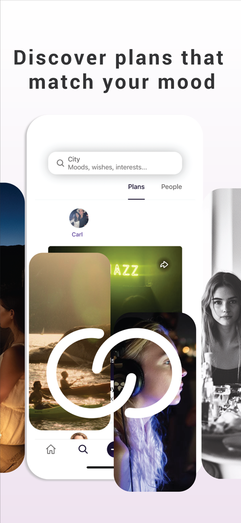 MoodPlans - Tela do aplicativo móvel MoodPlans mostrando opções para descobrir e pesquisar planos sociais por humor e localização.