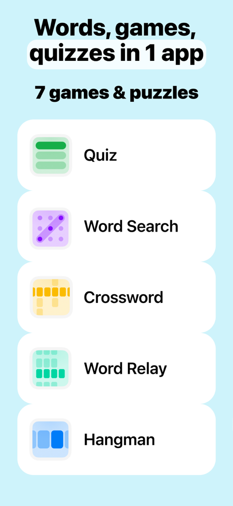 A list of vocabulary games and puzzles in the Word of the Day app including quiz word search crossword word relay and hangman
