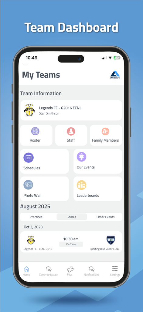 athlete one + - Team dashboard screen of the athlete one plus app showing sports team management features