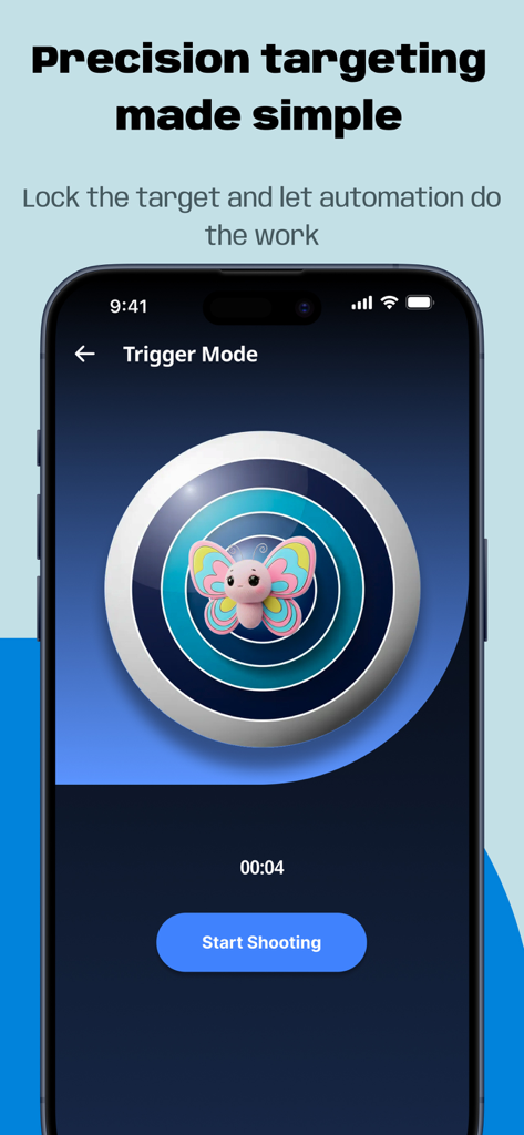 Tự động click : Tự động bấm - Pantalla móvil de la aplicación Auto Clicker que muestra el modo de disparo con un objetivo de mariposa y configuraciones de disparo de precisión.