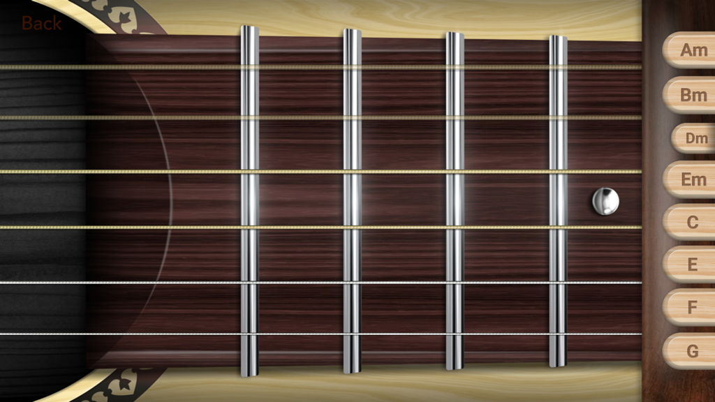 Real Guitar - Electronic Guitar - A close up of a virtual guitar fretboard with chord buttons on the side in the Real Guitar app interface