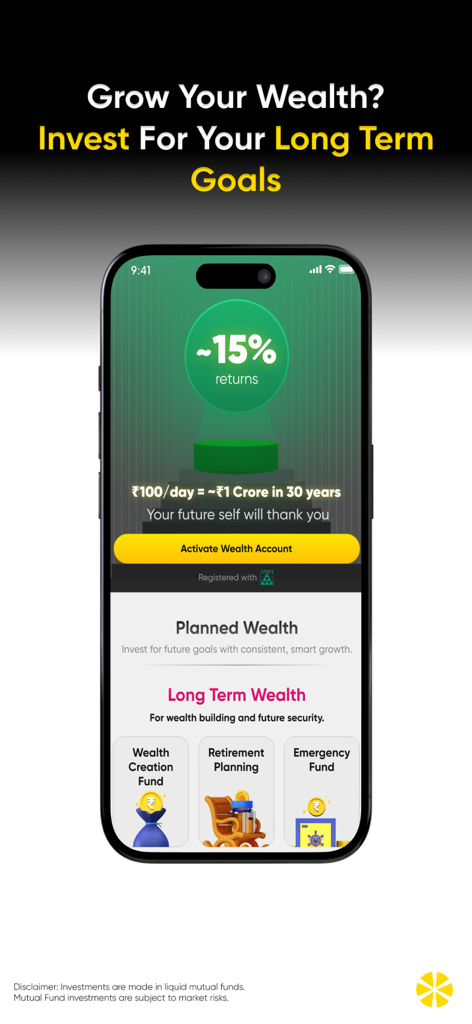 Multipl: Spending Account - Multipl app screen showing long term investment goals and wealth creation features.