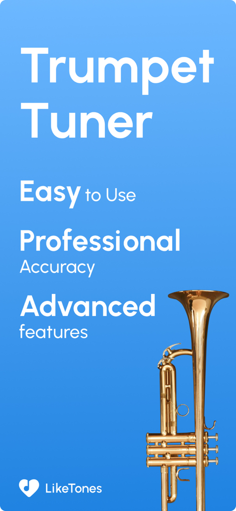 Trumpet Tuner - LikeTones - Pantalla promocional de la aplicación Trumpet Tuner LikeTones con precisión profesional y funciones de afinación avanzadas