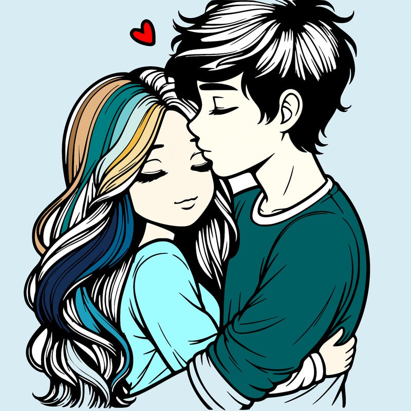 a realistic couple boy and girl hugging and kissing