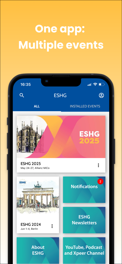 ESHG 모바일 앱 대시보드에 여러 연례 유전학 컨퍼런스 이벤트 및 전문 리소스가 표시됩니다.