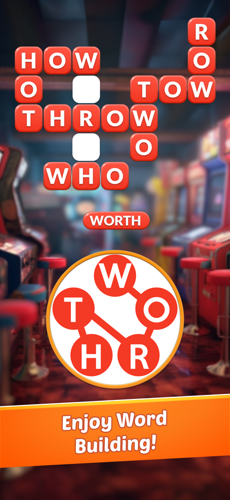 Word Shop - Fun Spelling Games - Word Shop game screen showing a crossword puzzle grid and a letter connection wheel forming the word worth