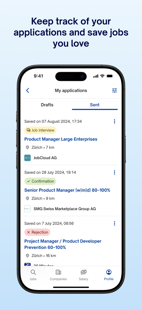 Interface of jobs.ch app showing a list of sent job applications and their statuses