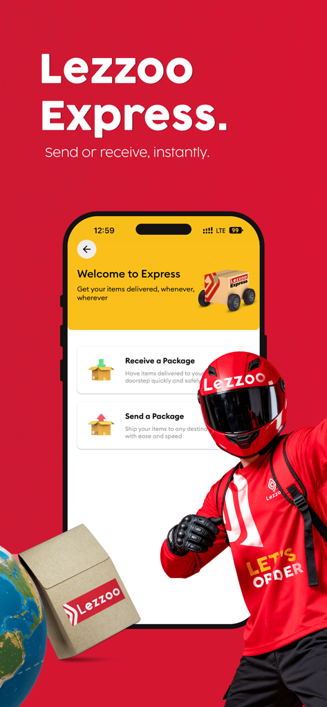 Lezzoo:Food & Grocery Delivery - Lezzoo Express app screen with options to send and receive packages and a delivery courier in red uniform